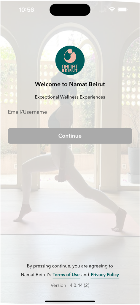 Namat Beirut - Welcome screen for Namat Beirut wellness app with email login field