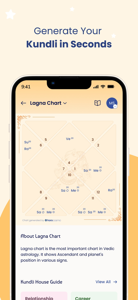 Horocosmo - Talk To Astrologer - Horocosmo app interface displaying a detailed Vedic Lagna Chart or Kundli birth chart