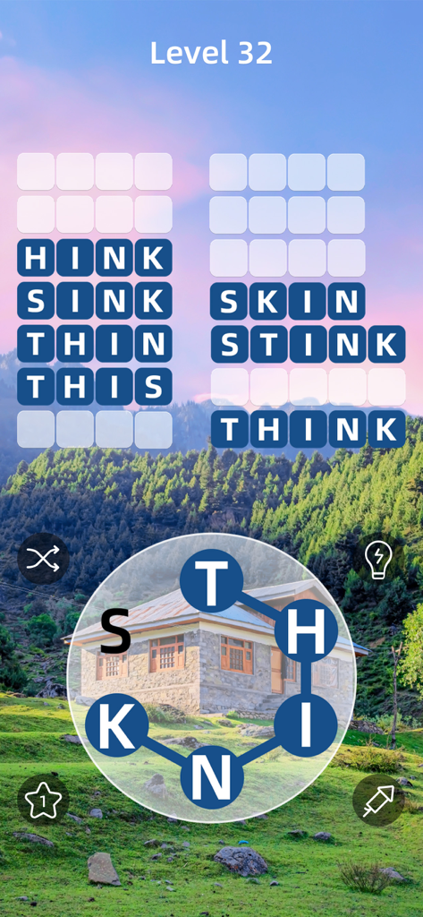 Zen Word puzzle game interface showing level 32 with a serene nature background