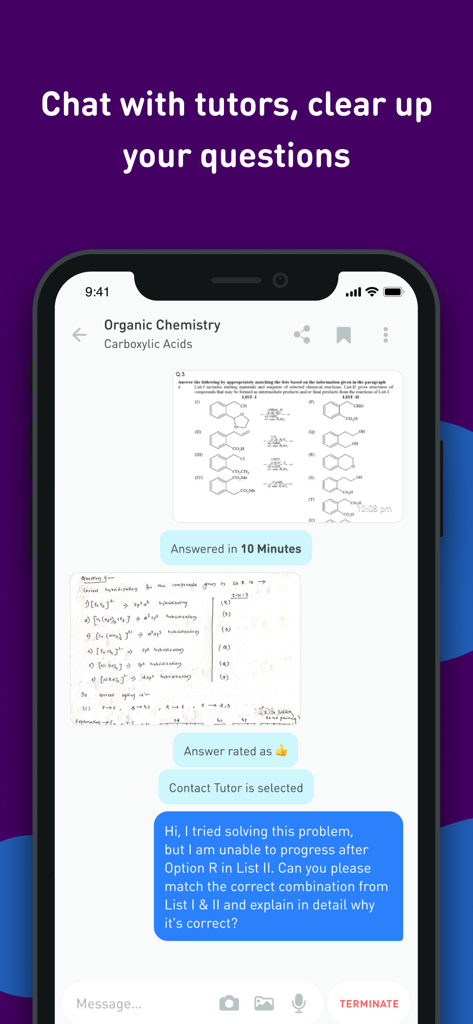 Screenshot of the Kunduz app showing a chat interface where a student asks an expert tutor for help with an organic chemistry problem