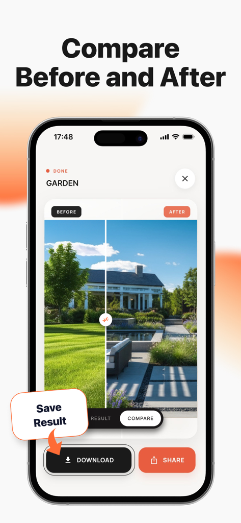 Homestyler: AI Room Planner - A before and after comparison of a garden landscape design using AI.