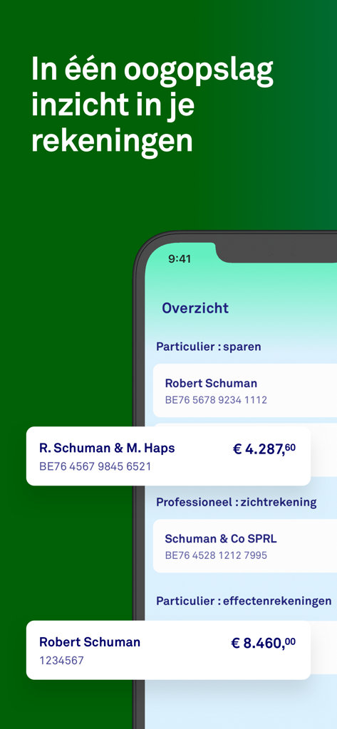Triodos Banking BE - Pantalla móvil que muestra saldos de cuentas en la aplicación Triodos Banking BE