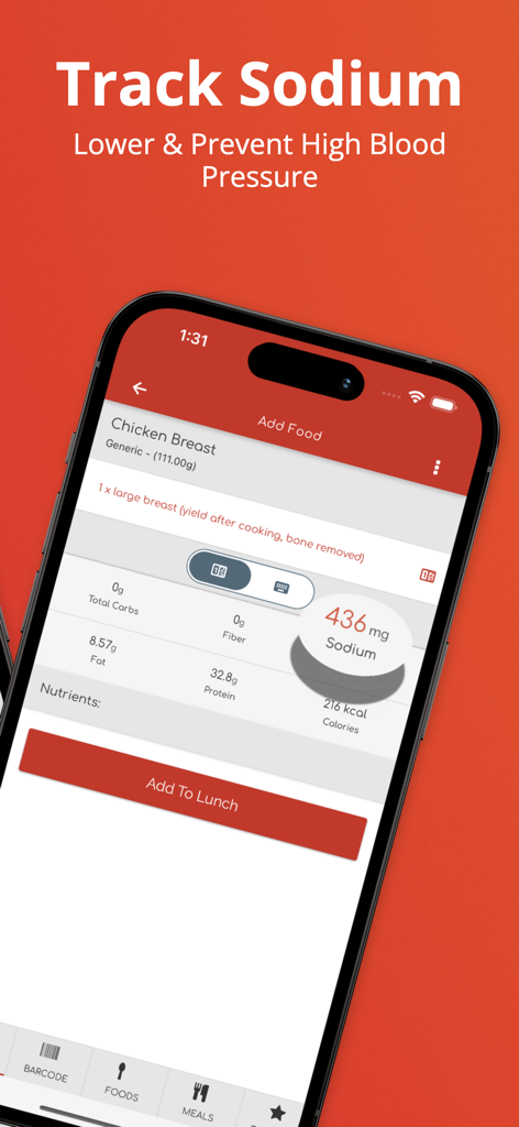 My Dash Diet: Sodium Tracker - Interfaccia dell'app mobile per monitorare il contenuto di sodio del petto di pollo per abbassare la pressione sanguigna