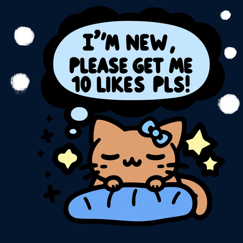 kitty taking a nap dream talking and saying "i'm new, please get me at least 10 likes pls!!"