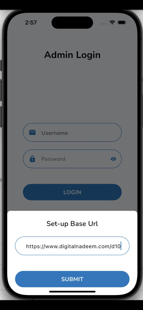Drupal Admin - Admin login screen for the Drupal Admin mobile app with a popup to set up the site base URL.