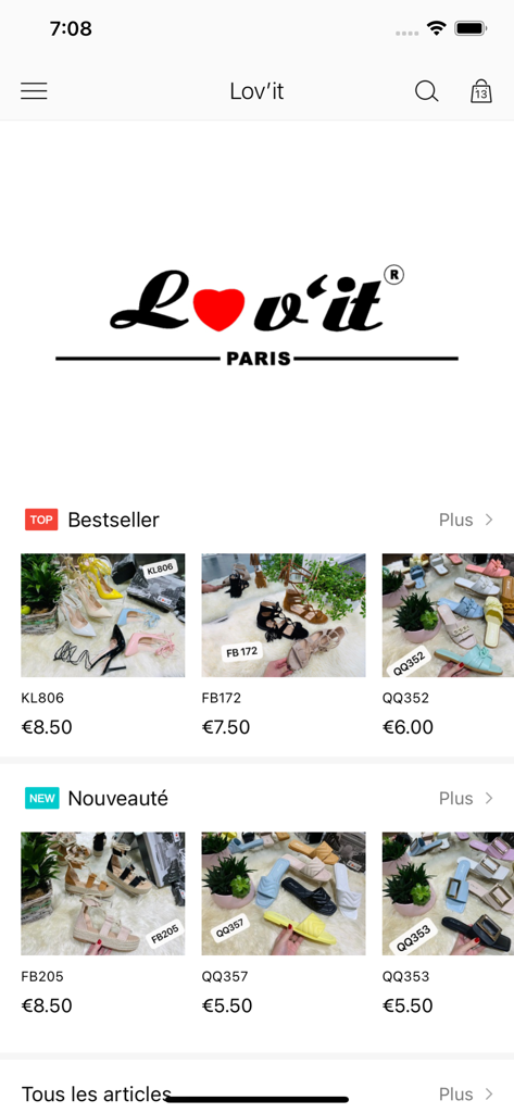 Home screen of the LOV'IT wholesale footwear app for fashion professionals featuring bestseller and new arrival sections.