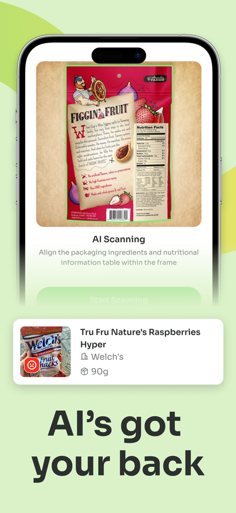 Food & Product Scanner - zapit - Zapit mobile app interface showcasing AI scanning of food packaging nutritional labels and ingredients.
