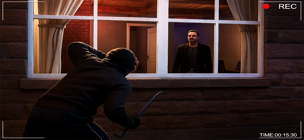 Sneak Robbery: Thief Simulator - Ladrão de capuz com um pé-de-cabra espiando por uma janela em um simulador de roubo