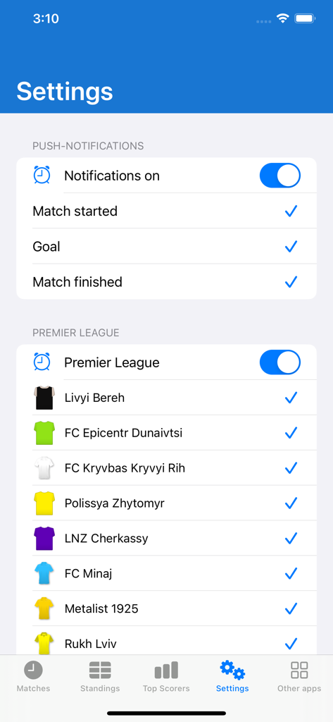 Ukrainian Premier League Live - Settings screen for push notifications including match alerts and team selection in the Ukrainian Premier League Live app.