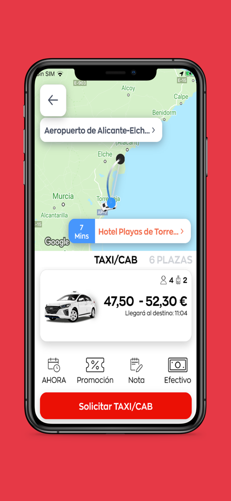 Benutzeroberfläche der mobilen App zur Taxibuchung mit Karte und Preisschätzung in Torrevieja, Spanien