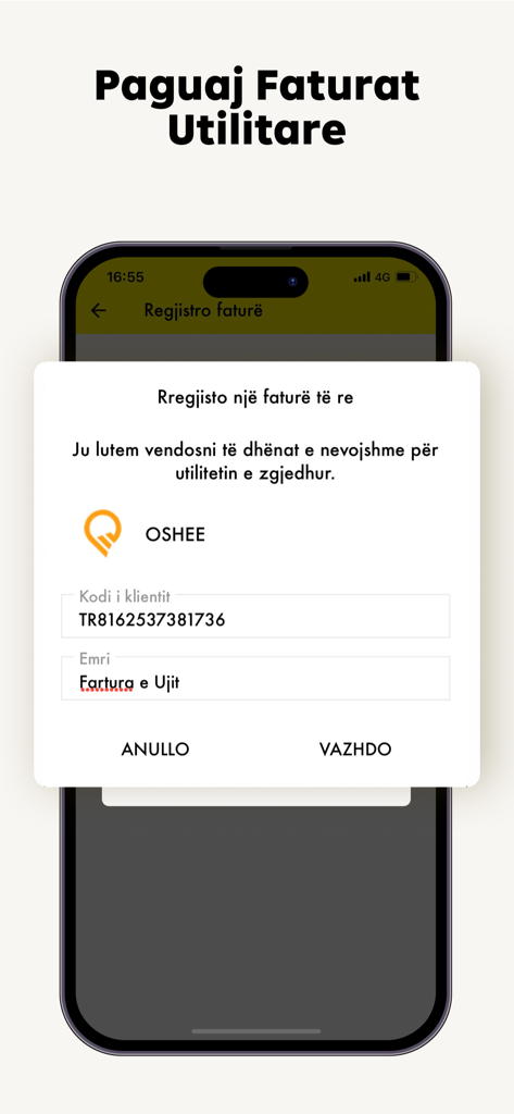 Raiffeisen ON mobile app interface showing a popup to register and pay a new utility bill for OSHEE in Albania.