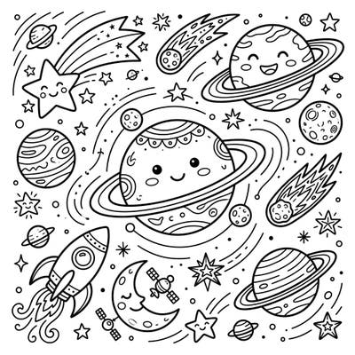 Ignite your child's imagination with this delightful digital space art coloring page, specifically designed for kids. They'll love bringing friendly planets, shooting stars, and a zooming rocket to life with their favorite colors.