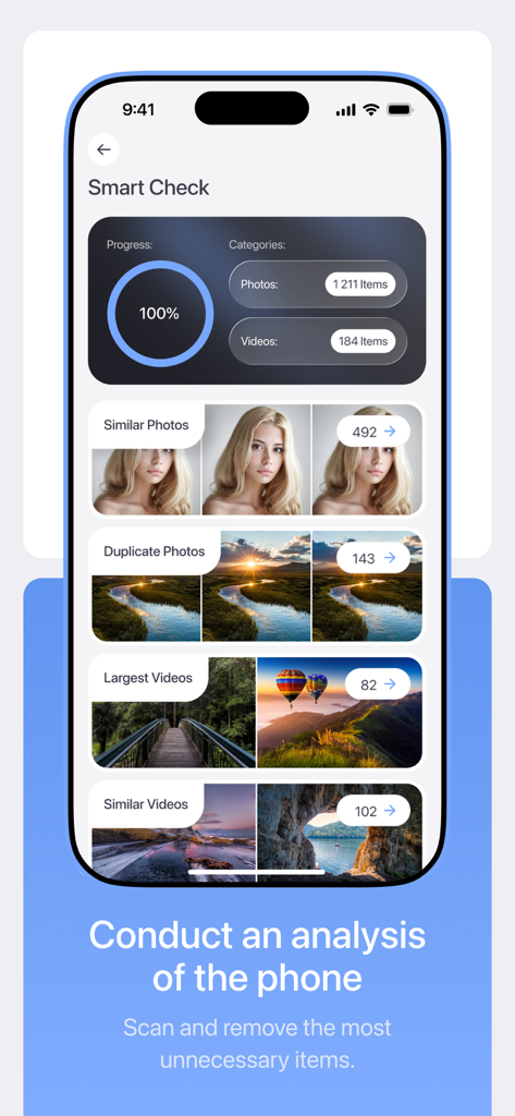 Blyss - cleaner app - The Smart Check feature of the Blyss app showing a full analysis of similar photos and duplicate videos to free up phone storage.