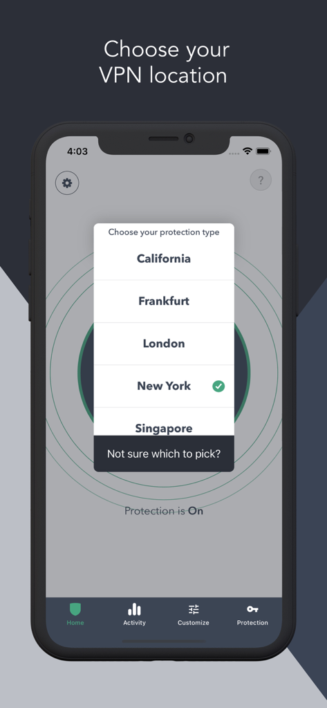 Disconnect Premium VPN - Disconnect Premium VPN app interface showing a menu to choose between international server locations like New York and London.