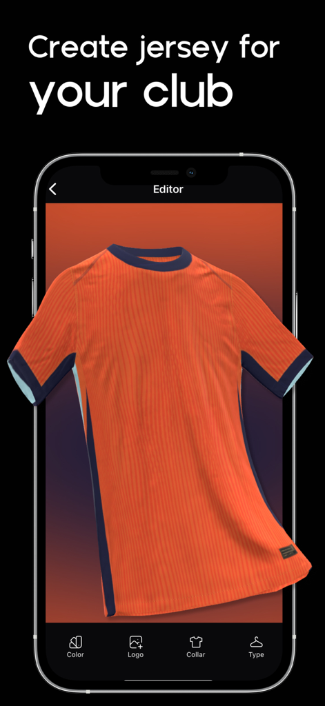 Schermata dello smartphone che mostra un'interfaccia di design per maglia da calcio arancione 3D nell'app FCKit