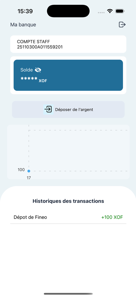 Fineo Pay - Dashboard of the Fineo Pay app showing account balance in XOF and recent transaction history