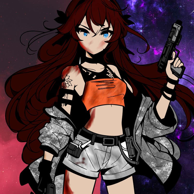 bad girl wearing crop top holding a gun long hair anime