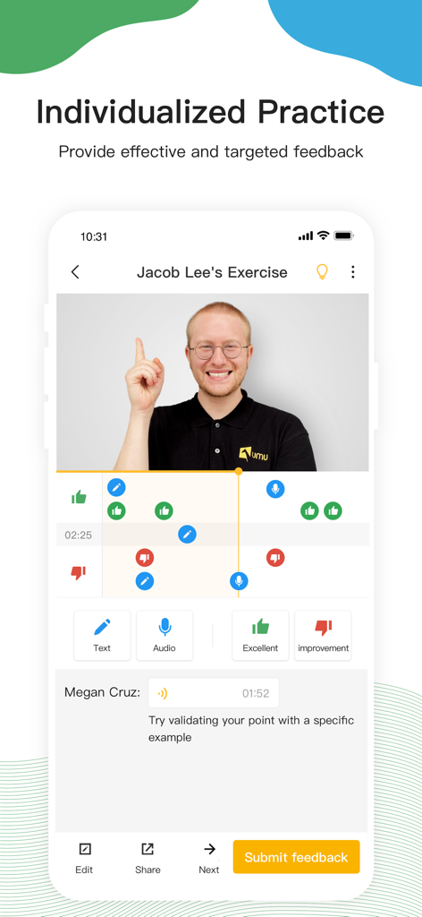 UMU App-Oberfläche, die Video-Feedback und individualisierte Übungswerkzeuge anzeigt
