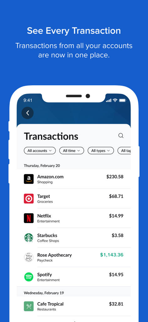 Historial de transacciones de la aplicación America First Credit Union que muestra una lista de compras recientes y agregación de cuentas.