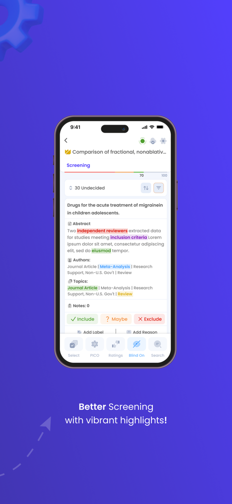 Rayyan mobile app interface showing systematic literature review screening with vibrant text highlights