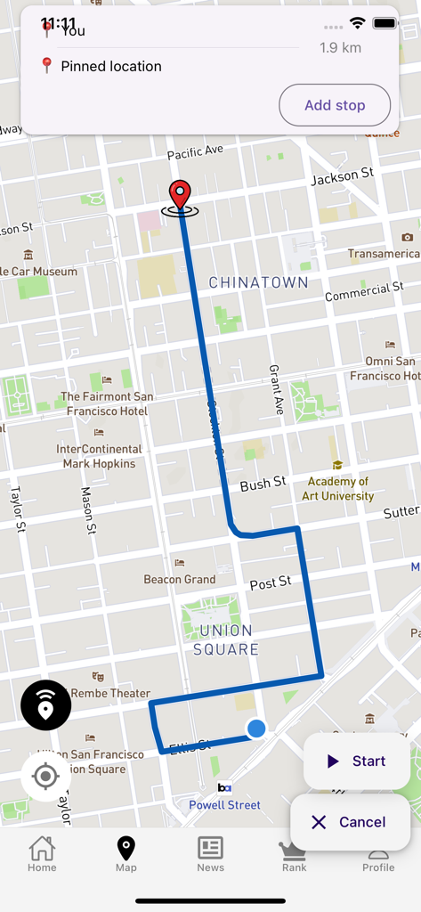 Riders - Bikers App - Biker route planning interface on a city map with start and cancel buttons