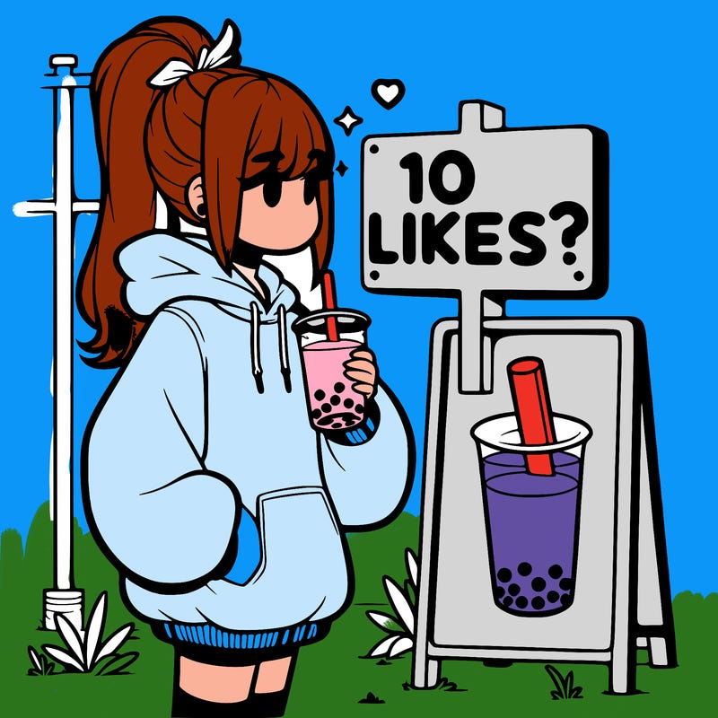 girl with oversized hoodie drinking boba and she has a high ponytail with a sign that says 10likes?
