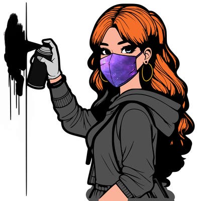 realistic girl with mask spray painting a wall