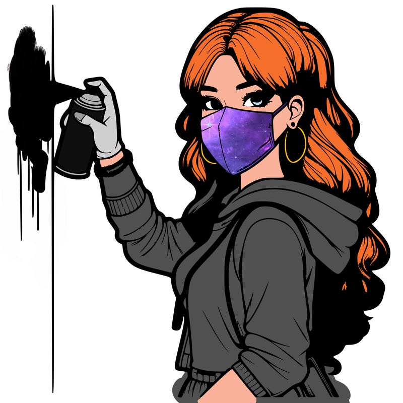 realistic girl with mask spray painting a wall