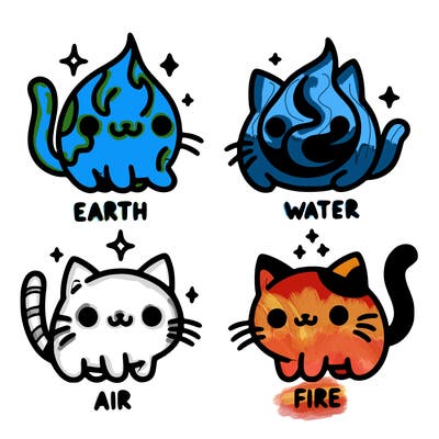 4 cats that represent the different elements, earth, water, air, and fire