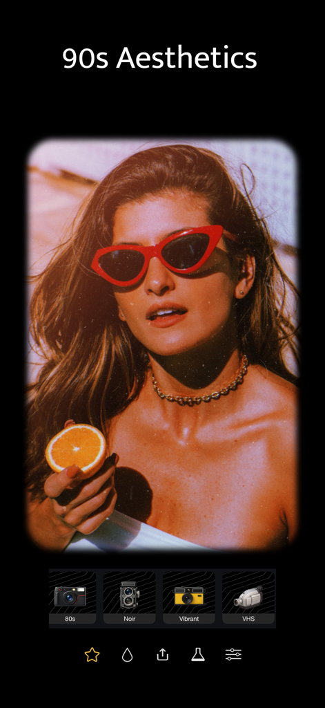 Vintage Camera: Analog Film - Vintage camera app interface showing a 90s style retro filter applied to a photo of a woman with red sunglasses