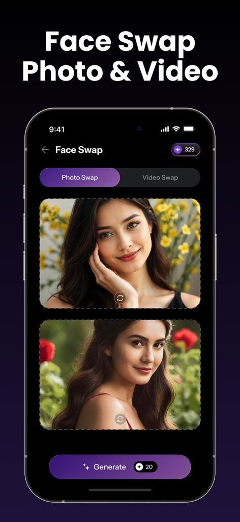User interface of the Zix app showing the face swap feature for photos and videos.