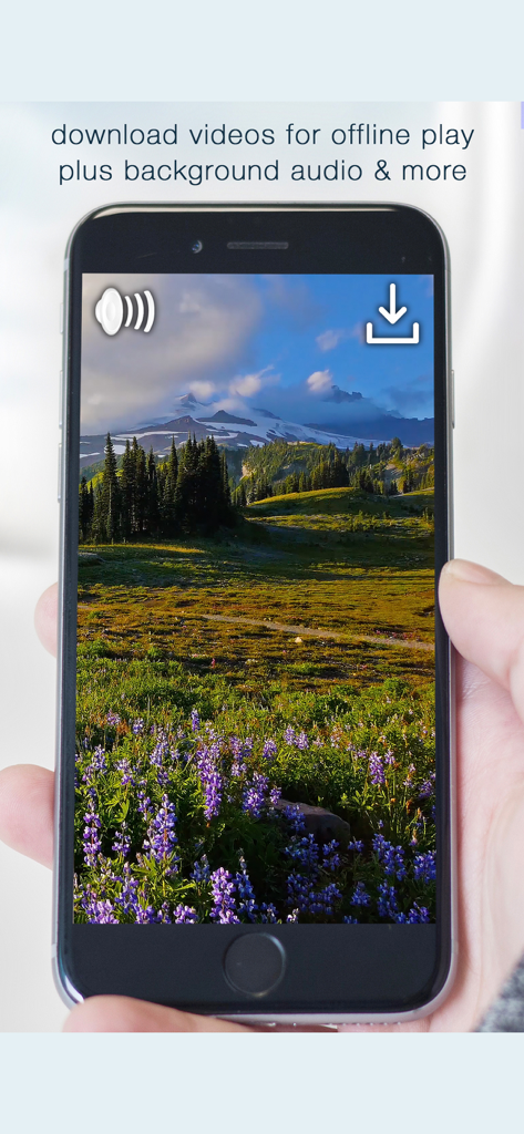 iPhone screen showing a mountain landscape with icons for downloading videos and background audio