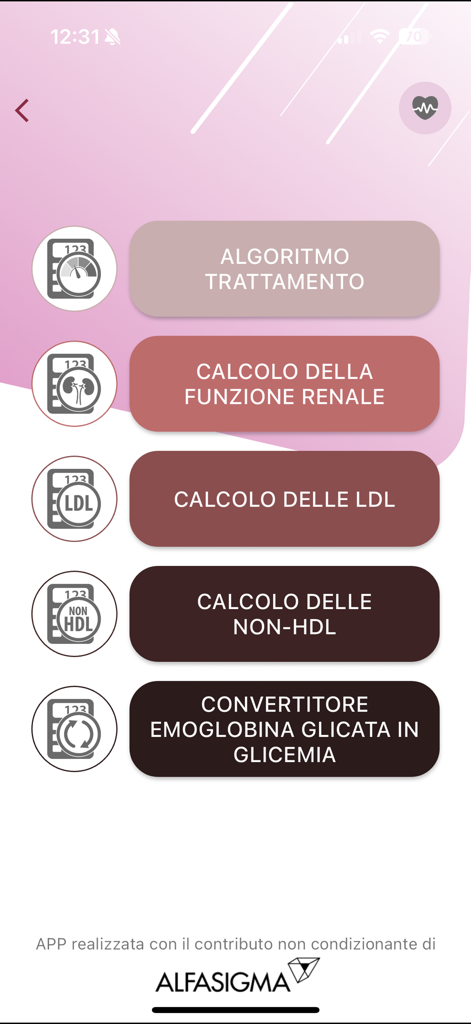 DislipApp - Ein Menü von medizinischen Rechnern in DislipApp für Behandlungsalgorithmen, Nierenfunktion, LDL- und Nicht-HDL-Werte.