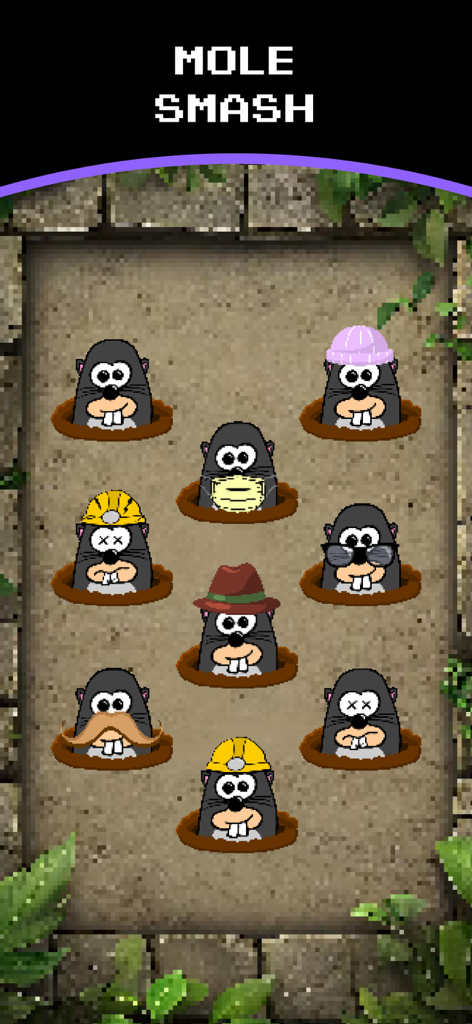 Arcade Games - Arcadia - Screenshot of the Mole Smash game featuring cartoon moles in a retro arcade style.