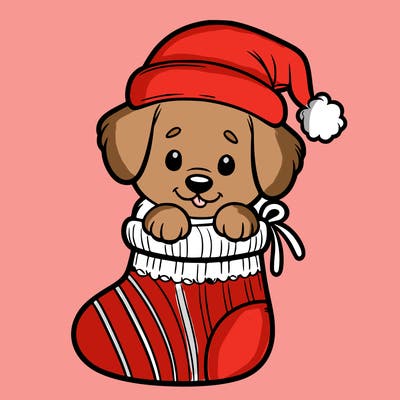 cute puppy wearing santa hat in socking