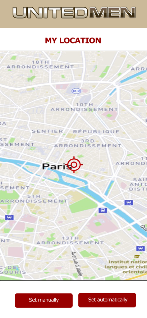 Screenshot of UnitedMen app showing a location map of Paris with options to set location manually or automatically.