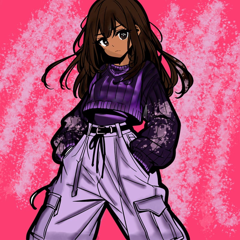 anime teen girl with baggy pants and crop top with sweater