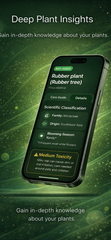 BotaniCam: AI Plant Identifier - Interfaz de la aplicación BotaniCam que muestra la clasificación científica y la información de toxicidad para una planta de caucho