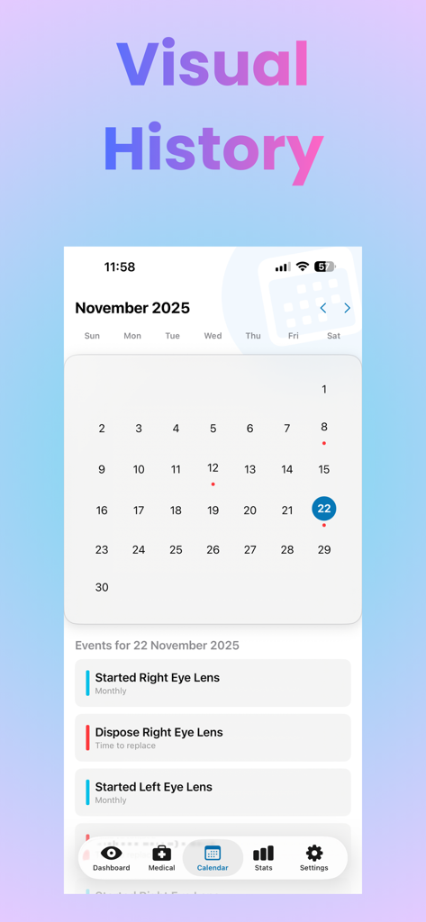 Clarity Track - Pantalla de historial visual de la aplicación Clarity Track que muestra un calendario con eventos de reemplazo de lentes de contacto.