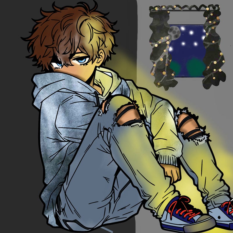 a male hoddie ripped jeans messy hair anime