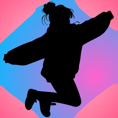 realistic girl jumping with a bun and oversized sweatshirt