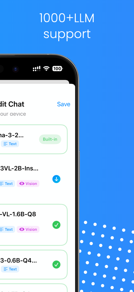 AnyLLM - AnyLLM app interface showing a list of over 1000 supported local AI models with text and vision capabilities.