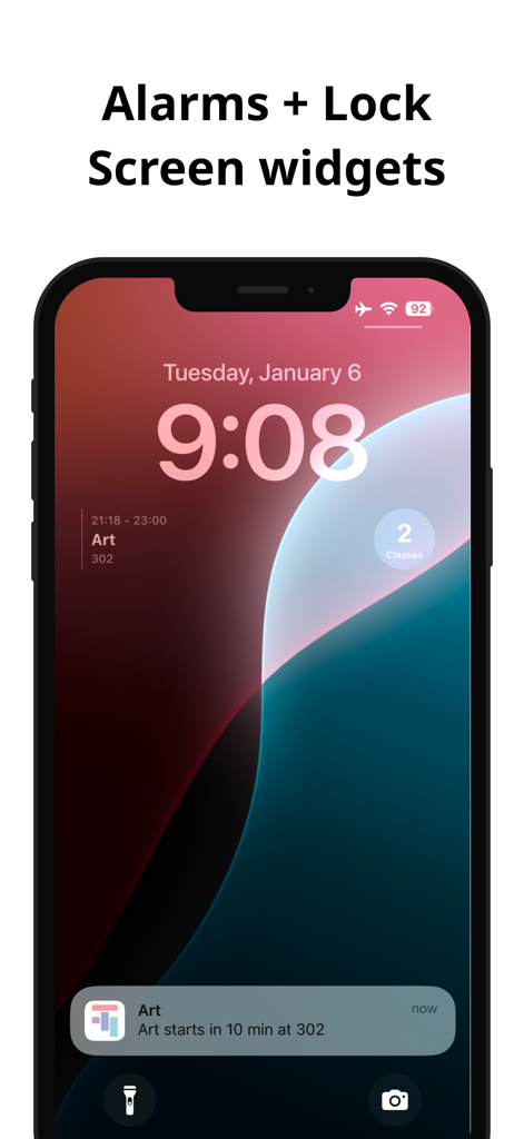 Simple Timetable - Schermata di blocco di un iPhone che mostra widget del programma personalizzato e una notifica per una lezione di Arte imminente.
