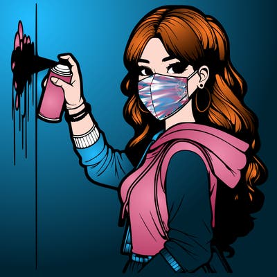 realistic girl with mask spray painting a wall