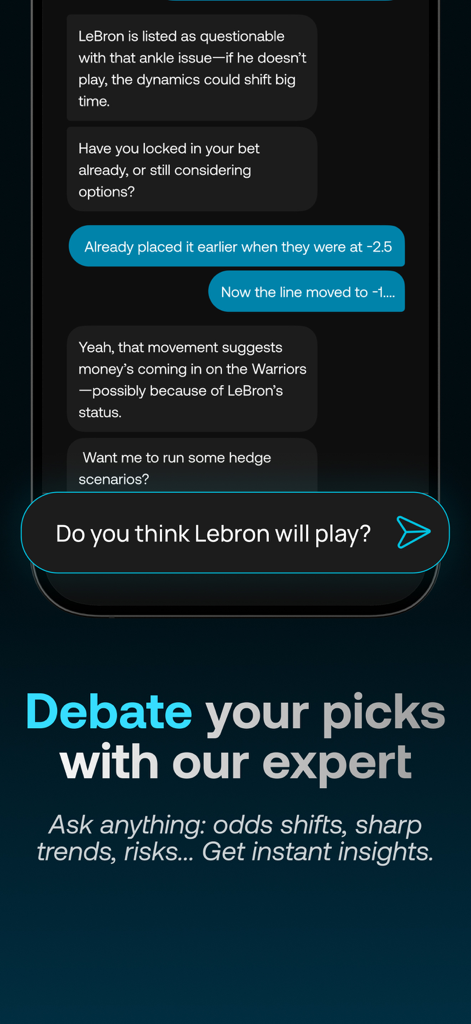 A mobile app screenshot showing a chat interface with an AI betting assistant discussing NBA odds and player injury status.