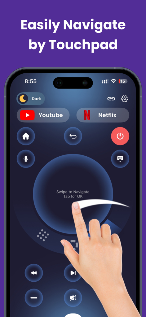 Remotevio: Smart TV Remote - Smartphone screen showing the Remotevio app with a central touchpad for navigating smart TV menus