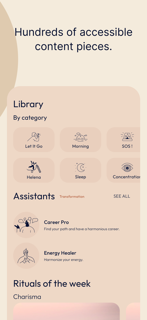 Interface de la bibliothèque de l'application Evolum montrant les catégories de méditation et les assistants de bien-être