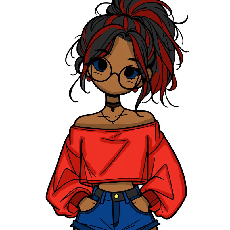 girl with a messy ponytail glasses a baggy crop top and jean shorts