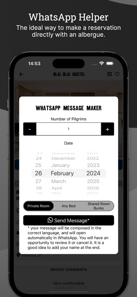 Wise Pilgrim Camino del Norte - Interface of the Wise Pilgrim app showing the WhatsApp booking feature for albergues