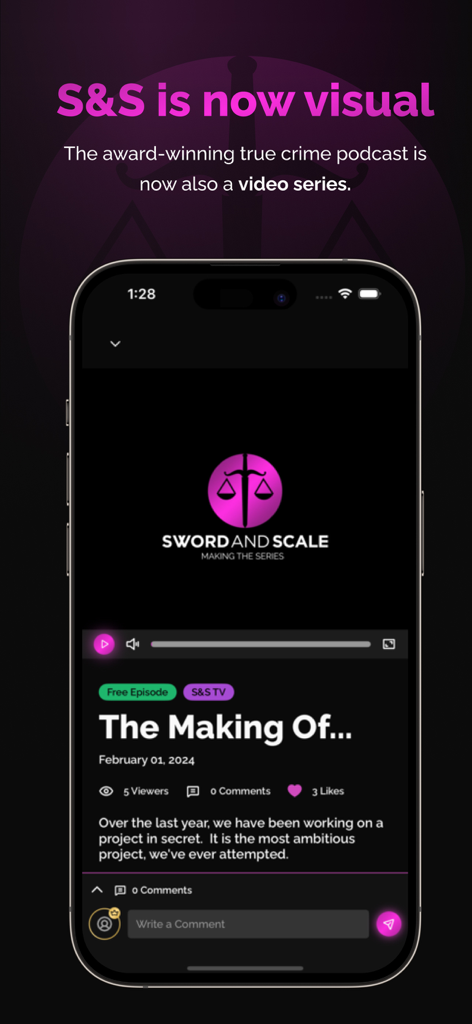 Sword And Scale - Sword and Scale app displaying a true crime video series episode on a smartphone